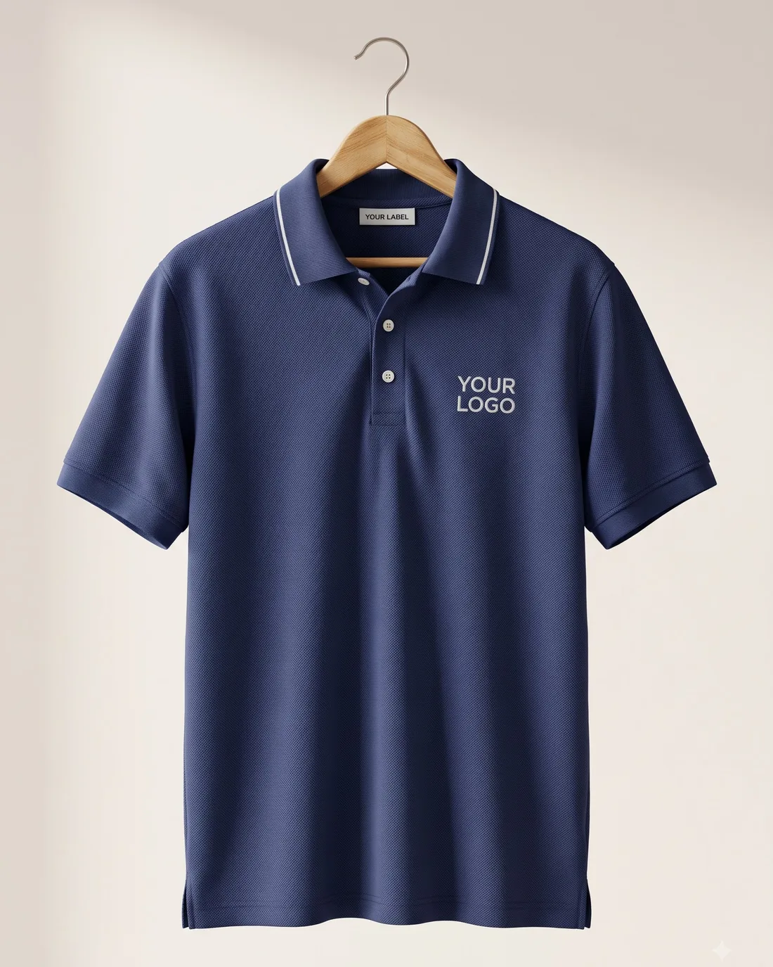 Indigo pique polo with embroidered logo placeholder
